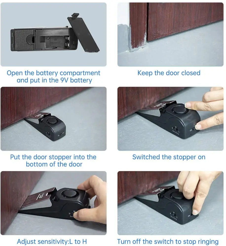 Door Stopper Alarm Portable 120db Wedge Security Floor Door Stops Adjustable Sensitivity for Home Dormitory Traveling 1Pc
