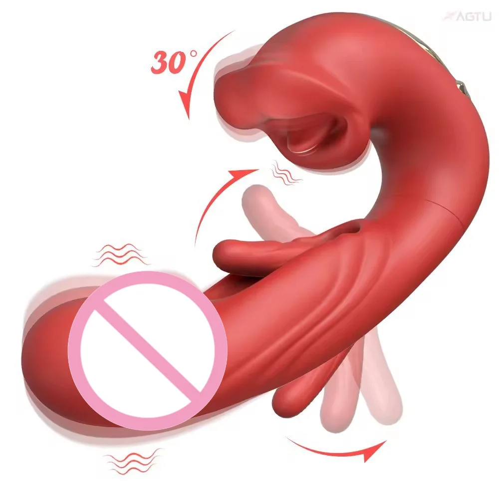 3In1 Telescopic Rotating Vibrators Dildo GSpot Clitoral Dual Stimulator Waterproof Women Tongue Licking Finger-Flapping Sex Toys