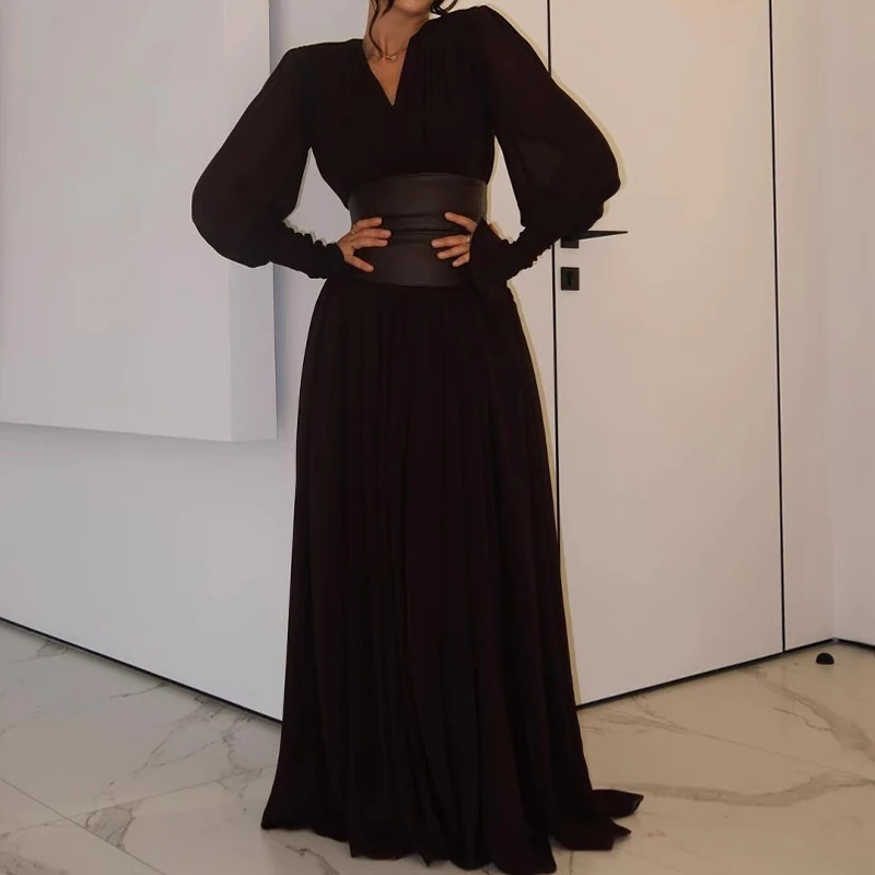 Women Casual Girdling Autumn Retro Maxi Dress Vintage High Split Pleats Holiday Fashion Long Sleeve Big Hem Party women maxi dress
