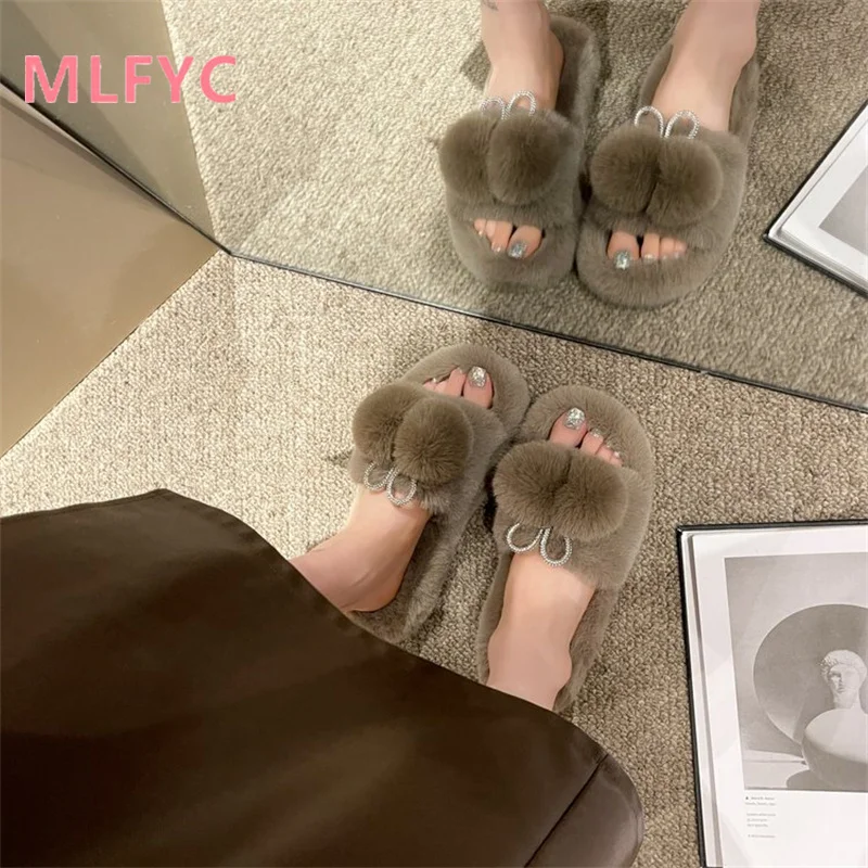 Online Red Plush Slippers for Women's Autumn and Winter 2023 New Water Diamond Warm Cotton Slippers Fashion Slippers