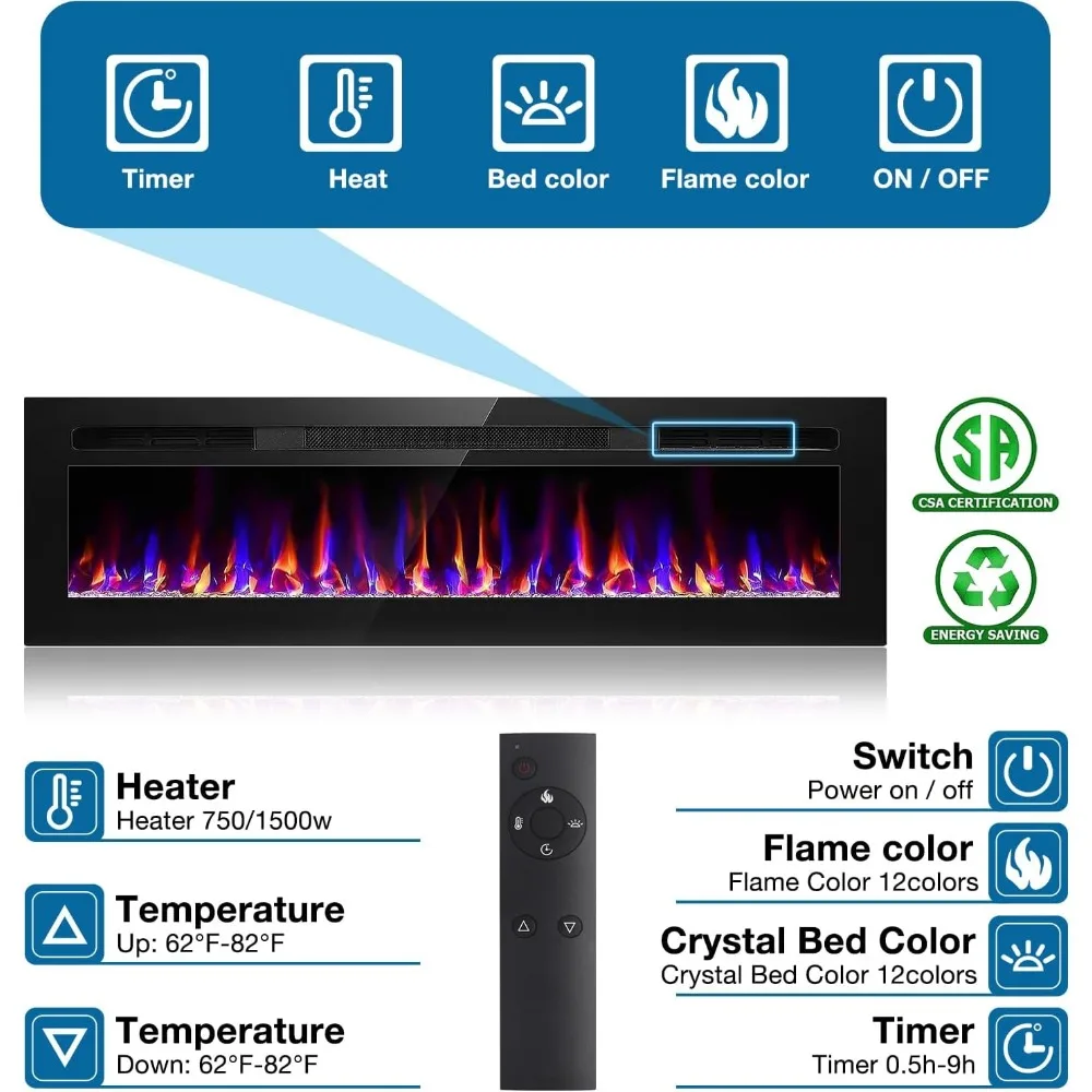 68 Inch Electric Fireplace Recessed and Wall Mounted, Fireplace Heater and Linear Fireplace, Ultra-Thin Electric Fireplace 4