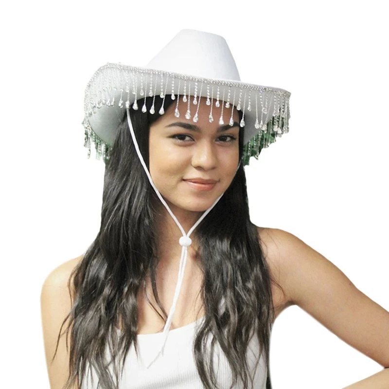 

Wide Brim Cowgirl White Hat for Rhinestone Fringe Western Cowboy Hat for Tea Par