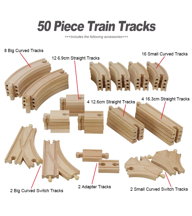 50PCS Wooden Railway Tracks Set Beech Wooden Train Tracks fit for All Brand Wood Tracks Educational Toys for Children 3