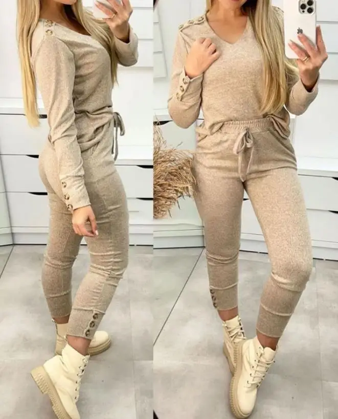 

V-Neck Ribbed Top and Drawstring Pants Set 2023 New Hot Selling Fashion Women's Button Long Sleeves