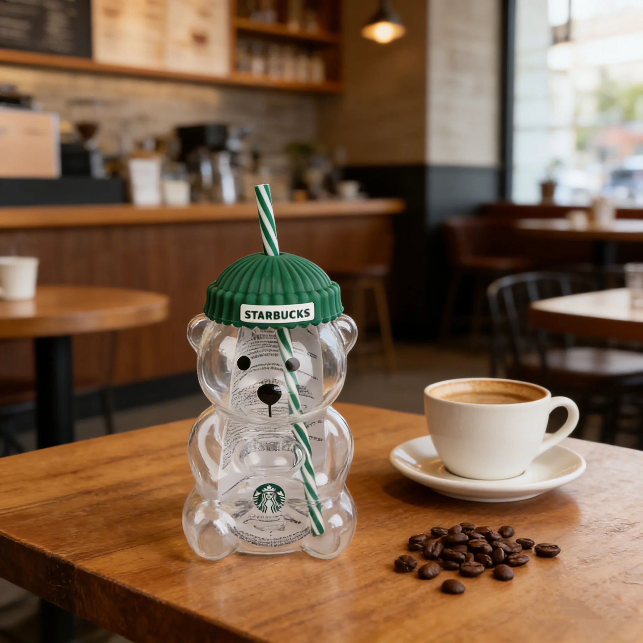 Bearista Bear Straw Tumbler - 591ml Clear Glass with Green Lid