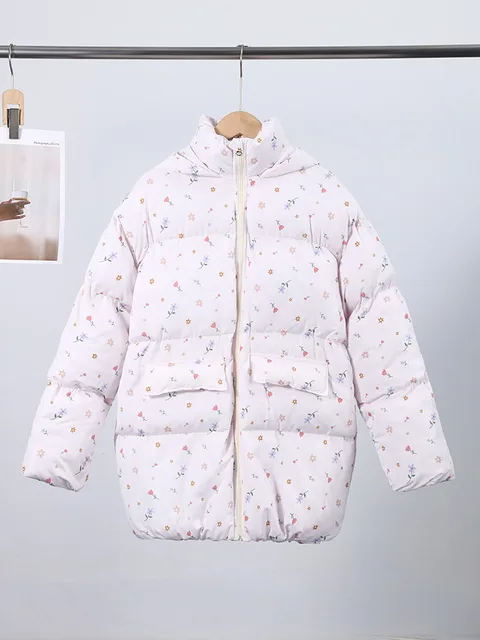 Unique Hooded Women's Winter Jacket Elegant Printed Thicken Pockets Full Sleeve Female Cotton Coat 2025 New Woman Coats Outwears 6