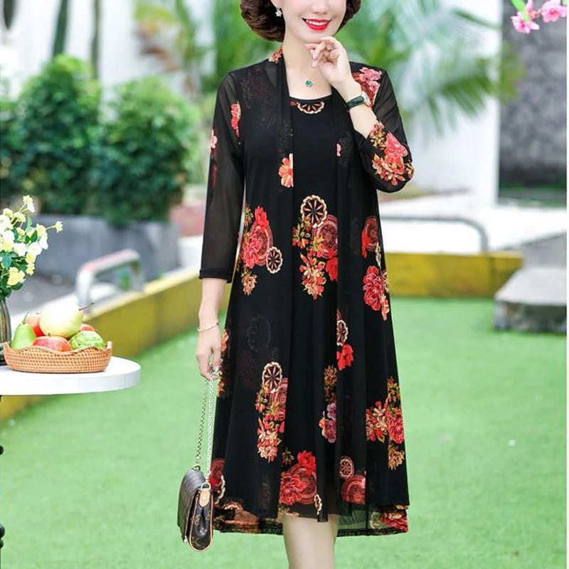 

Summer New Fashion Jumpsuit Set Women Round Neck Casual Sleeveless Midi Dress and Three Quarter Elegant Vintage Printing Shawl
