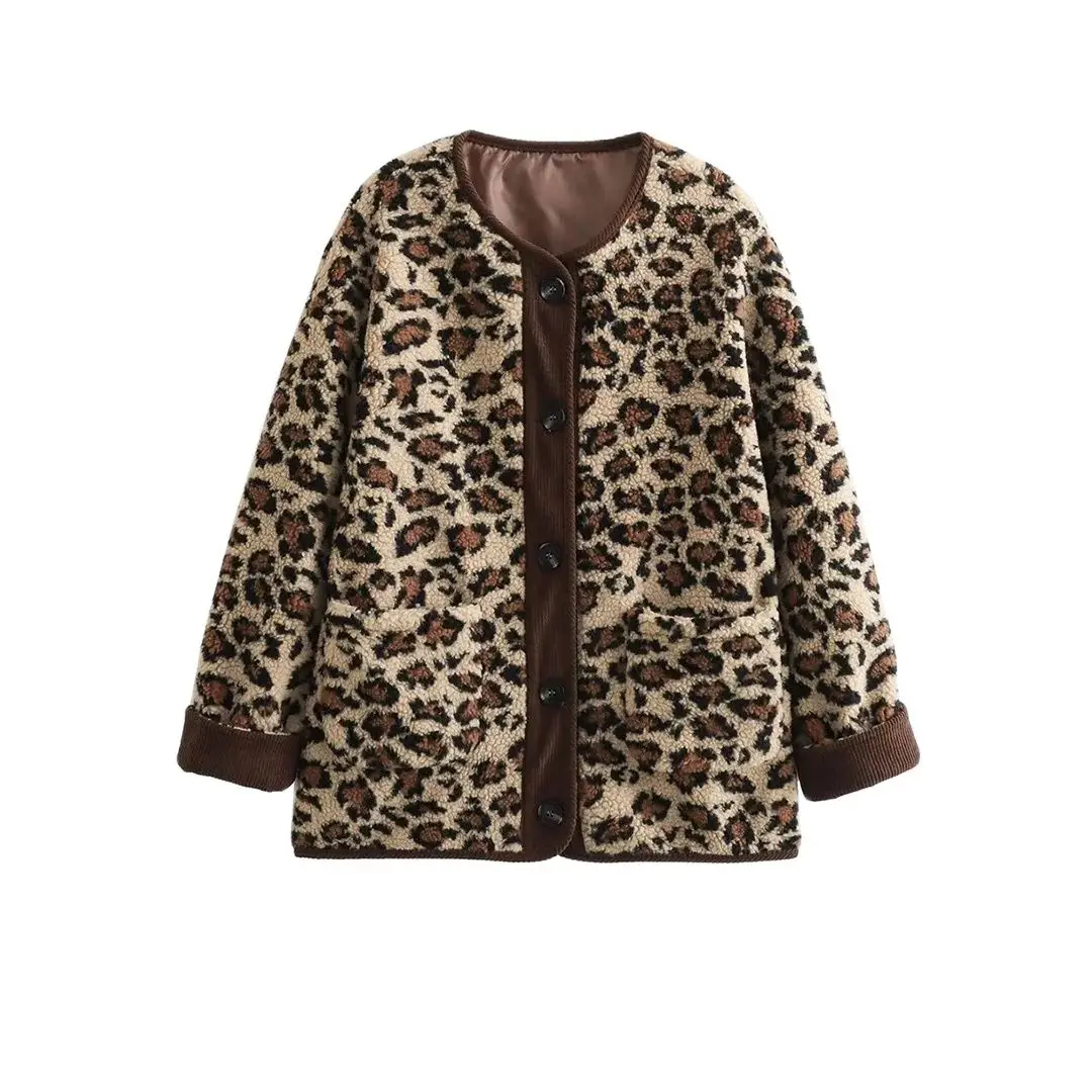 

2024 Winter New Women's Fashion Versatile Loose Leopard Pattern Lamb Wool Coat