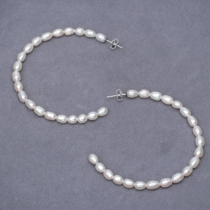 Solid 925 sterling silver stud 4 mm natural freshwater pearl big loop earrings hoop 2