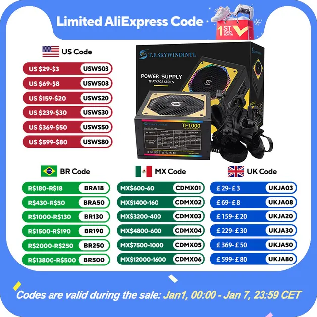 T.F.SKYWINDINTL NEW Gold 1000W Computer TF1000 Full Modular PC Power Supply Medal Active PFC ATX 1