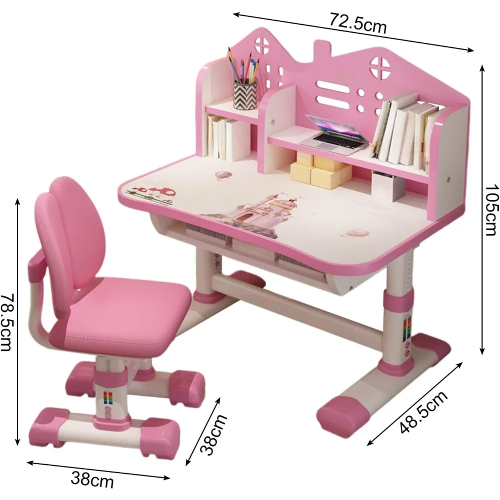 Kids Adjustable Study Desk & Chair Set w/ Storage,Drawers,Bookshelf,Child Toddler Writing Homework Table,Little Girl Work Comput