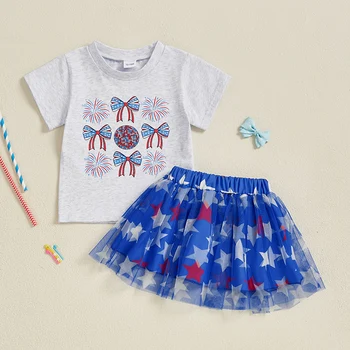 Girls Independence Day Skirt Set with Short Sleeve Bow Letter Print Tops and A-line Tulle Skirt for 4th of July 2
