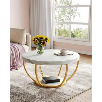 32" Circle Marble Coffee Tables, 2-Tier Golden Metal Legs Accent Center Table with Open Storage Modern Design Home Furniture 2