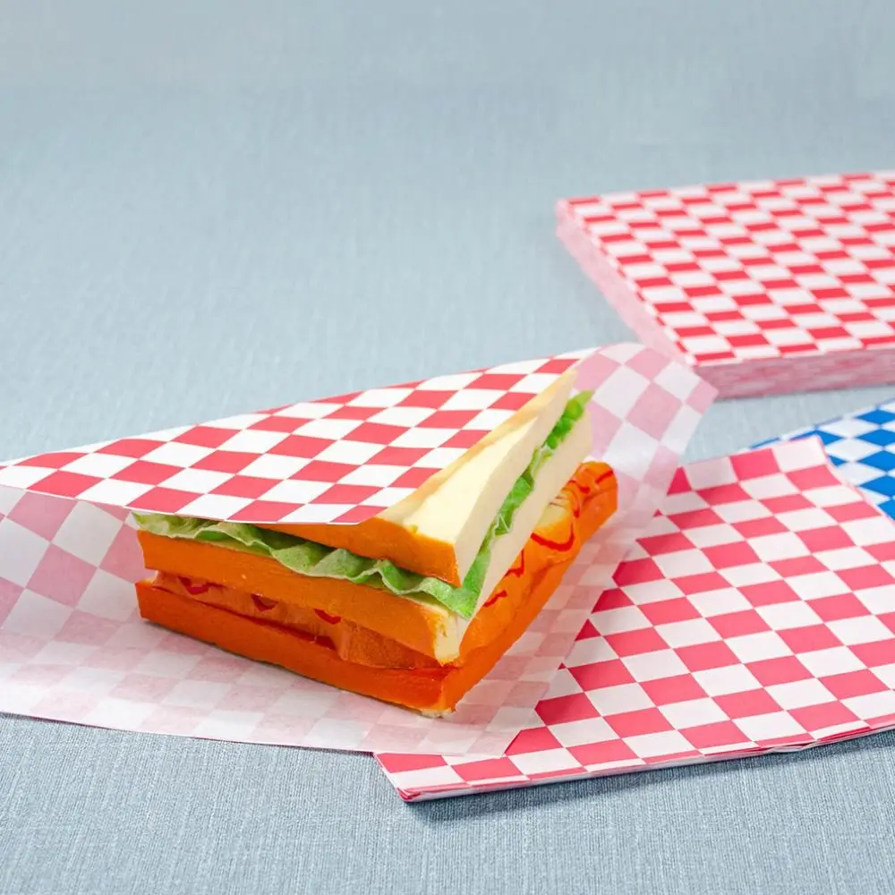 100Pcs Grid Pattern Sandwich Wrapping Paper Square Oil-Proof Hamburger Packaging Paper Food Grade 22cm Deli Basket Liners Snack