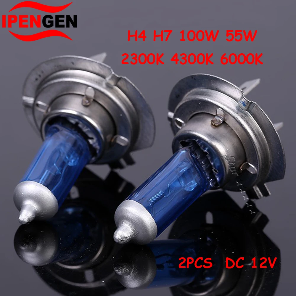 2PCS 12V H7 H4 50W 100W Super White Halogen Bulb Car Light Headlights 6000K 4300K 2300K Auto Car Headlight Parking light lamp 2pcs 12v 55w xenon h7 hid conversion kit h1 h3 h11 9005 bulb auto car headlight lamp 3000k 4300k 5000k 6000k 8000k 12000k