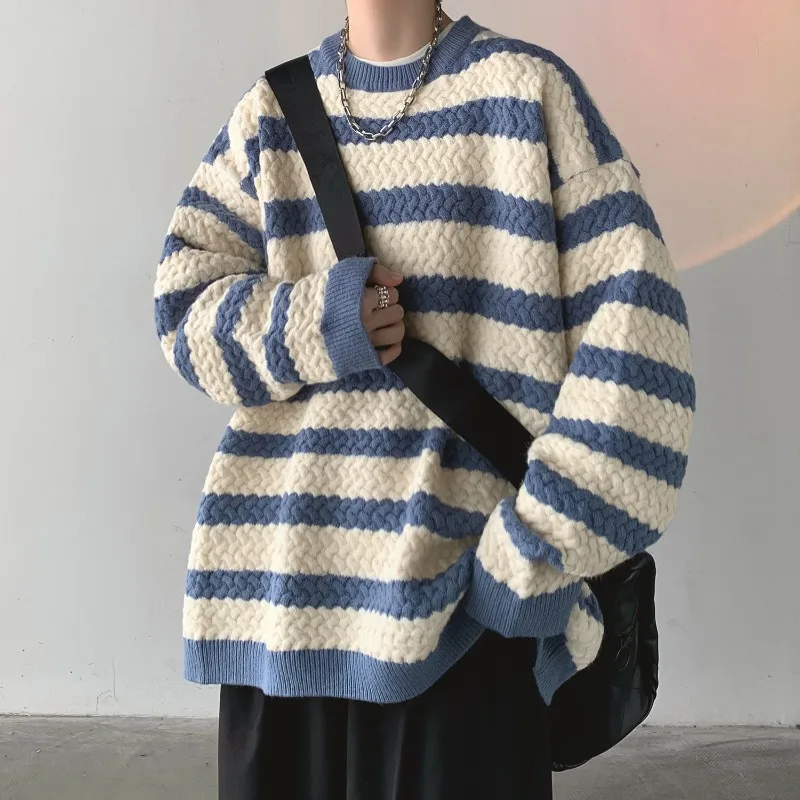 

Men Clothing 2023 Autumn Winter New High Street Round Neck Long Sleeve Loose Sweater Man Contrast Color Striped All-match Tops