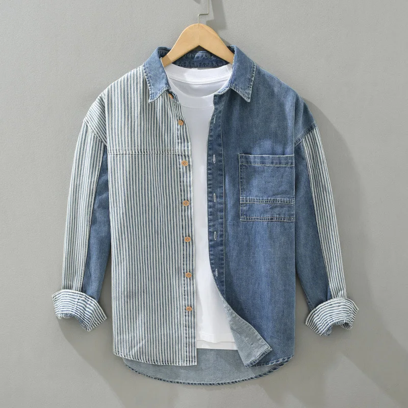 2520607-5ea2f9.jpg S5a83bd0831cf473995720d58a106b6e24 Spring and Autumn Denim Contrast Shirt Men's Hong Kong Style Casual Loose Vertical Stripe Splicing Fashion Long Sleeve Shirt Mallzona
