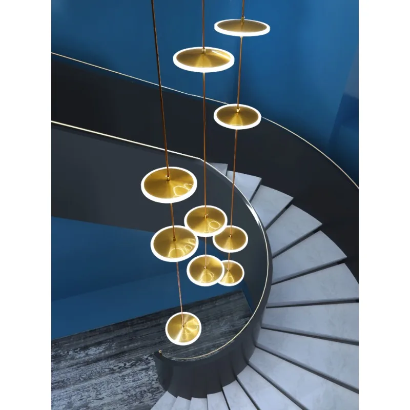 

2023 Hanging Gold Bronze Circle Rings Led Chandelier Duplex Villa Stairs Ceiling Lamps Living Room Hotel Lobby Lighting lamp art