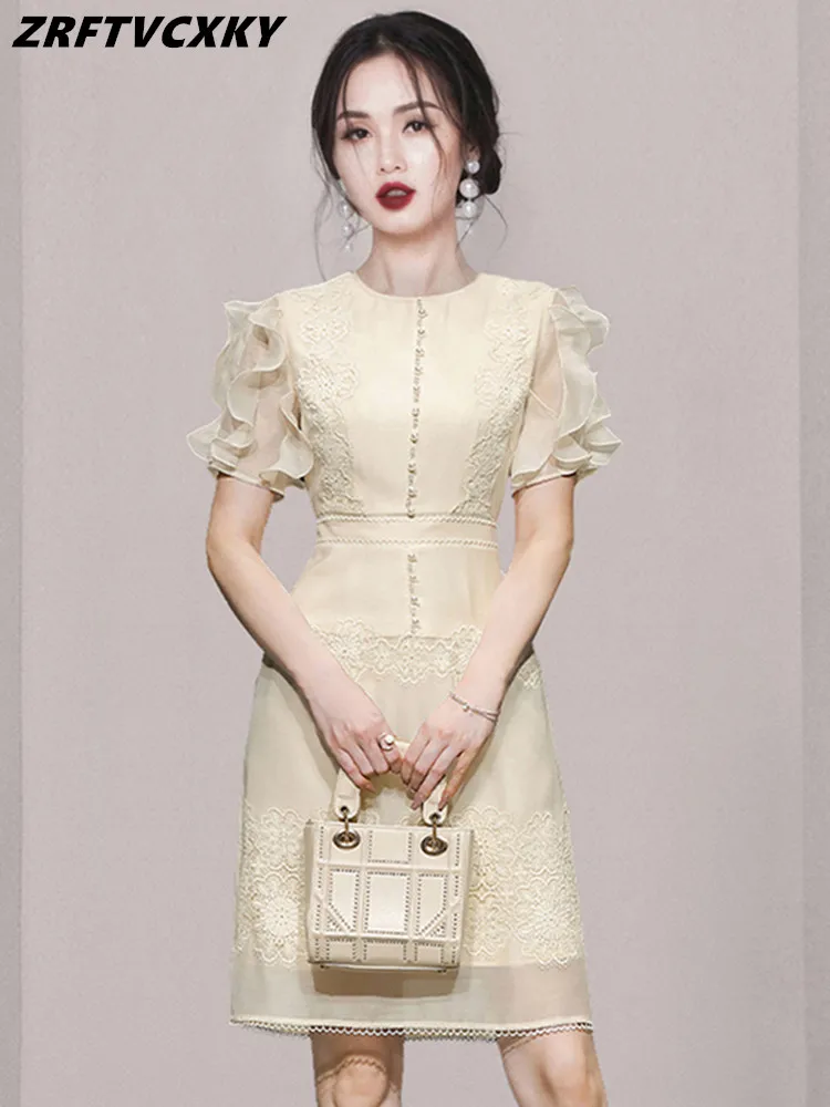 

High Quality Summer New Fashion Elegant Temperament Beading Stitching Lace Trim Dress Women Vintage Flower Embroidery Dresses