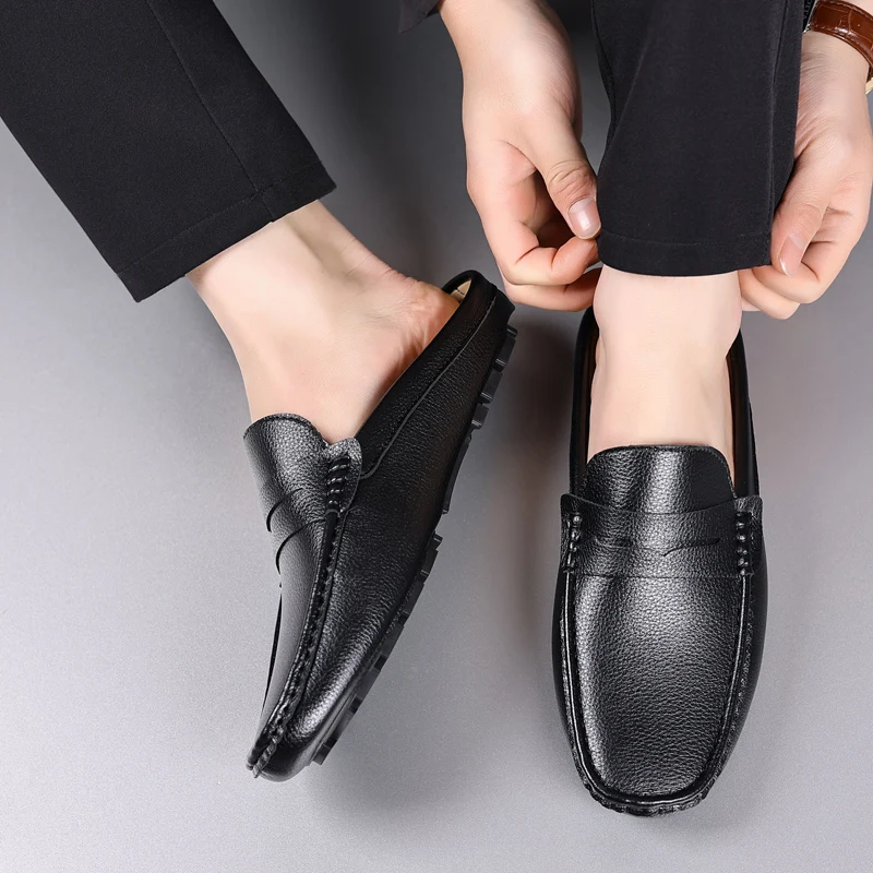 YRZL Hausschuhe, Sommer-Slip-on-Halbschuhe für Herren, Leder-Hausschuhe, lässig, atmungsaktiv, bequeme Slipper, Mokassins, Braun, Schwarz, Beige – Detail 14