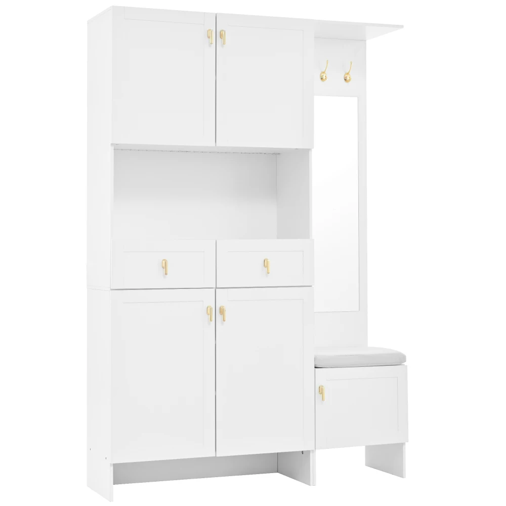 PINGGO Garderobenset Flurmöbel mit Schuhbank Schrank 1 Spiegel 2 Schubladen 3 Haken 5 Türen Weiß 120x180x33,5cm – Detail 18