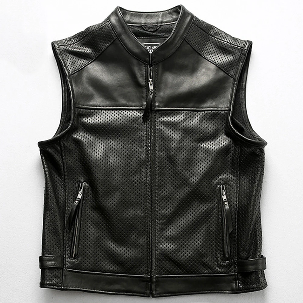 

Summer Man Leather Vest Coats European Brand Mesh Cowhide Waistcoat For Man Weskit Vests Automotive Vest High Quality Streetwear