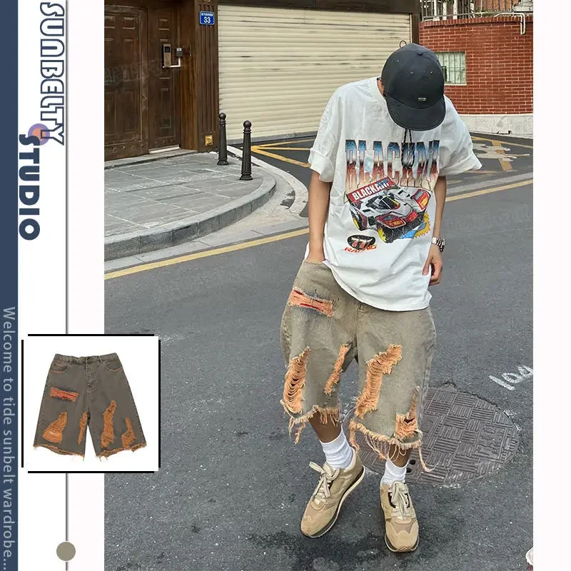 Denim Shorts Casual Shorts Street Washed Distressed Raw Hem Ripped Denim Retro Men Clothing Summer Loose Straight Knee Length Solid Pants denim shorts summer jeans shorts