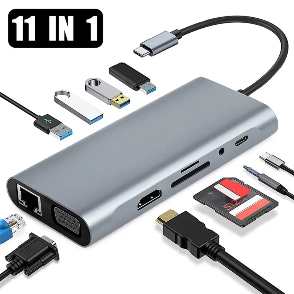 

11-In-1 USB Type-C Hub 4K Dual HDMI Rj45 Ethernet 3.5mm Jack Multiport Adapter USB 3.0 PD Charging Docking Station VGA SD Reader