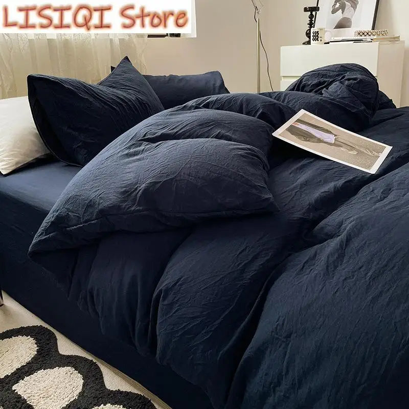 

New Nordic Simple Washed Cotton 4-piece Set Japanese Super Soft Bed Sheet Set 3pcs Comforter Bedding Sets, No quilt