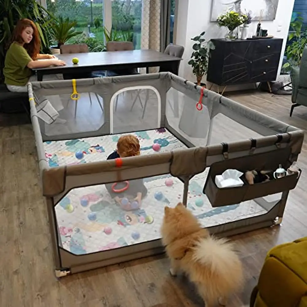 Extra Large Baby Playpen with Storage Bag & Mesh Net 75" x 59" Play Yard Toddlers  Folding Mat  Ocean Balls Anti-Fall  2