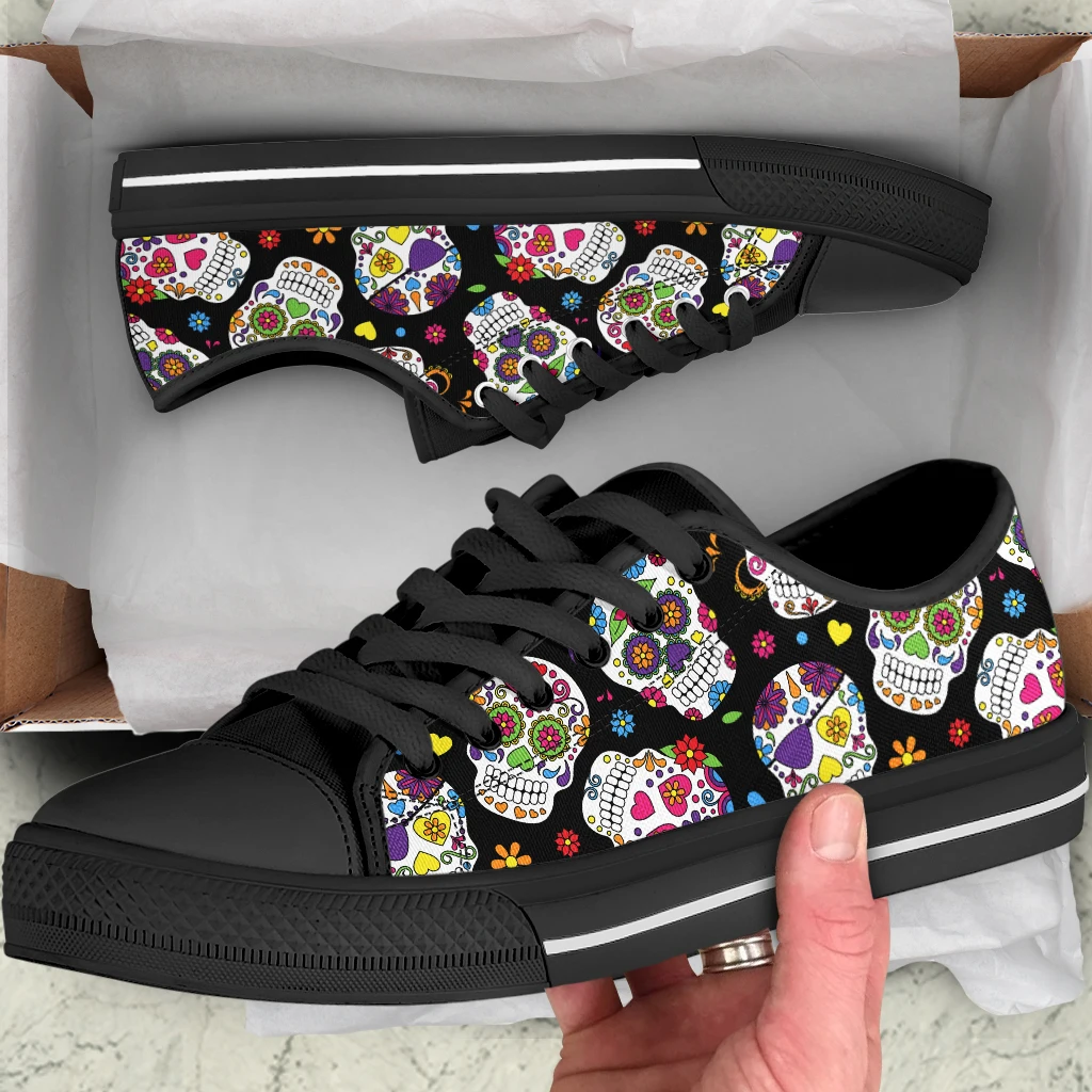 Black Candy Sugar Skull Print Canvas Sneakers Women Shoes Couple Canvas Shoe Casual Women Sport Shoes Lace-Up Flats