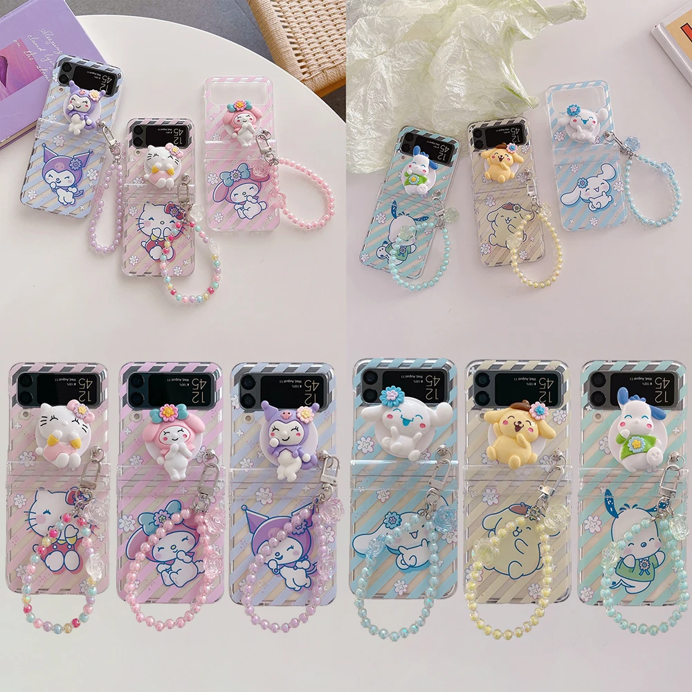 For Samsung Galaxy Z Flip 4 3 5G Cute Cartoon Kuromi Bracelet stand Holder  Case