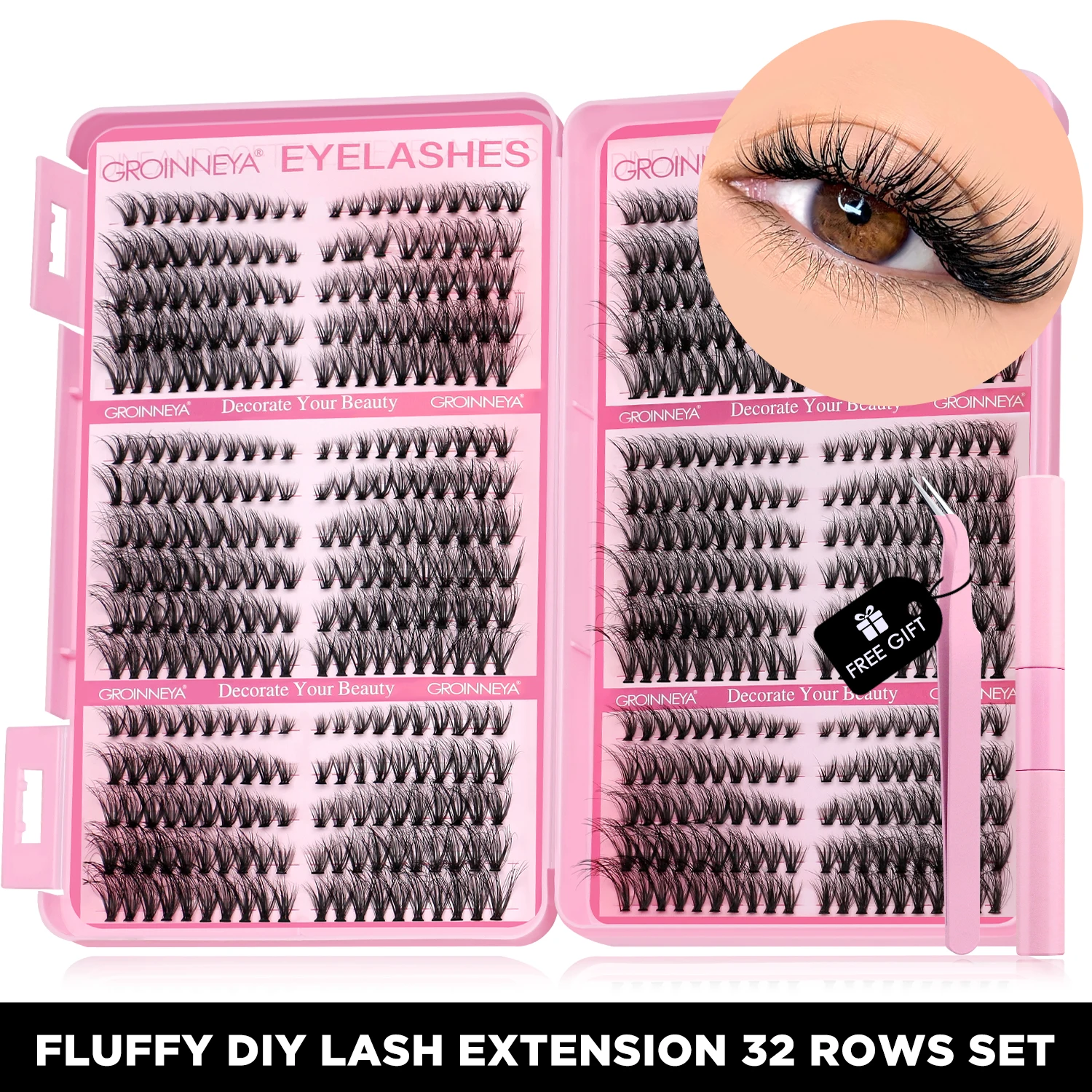 GROINNEYA Cluster Lashes Kit DIY Lash Extension Set Full Set Mixed Tray Fluffy Lashes with Lash Bond and Seal Makeup lash extension kit eyelash set fake eyelashes