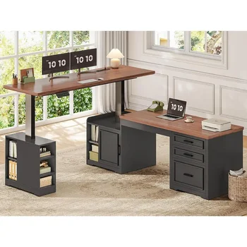 L-Shaped Electric Standing Desk, 63 x 67 Adjustable Height, Home Office Executive Desk with Drawers and Shelves, Black 1