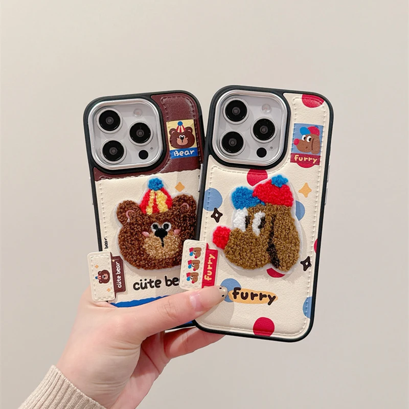 Cute Cartoon Embroidery Bear Dog Leather Case For iPhone 13 14 15 16 Pro Max Lovely Soft Silicone Phone Cover