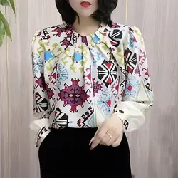 Vintage Folk Printed Blouse with Pearl Beading and Stand Collar Details - Long Sleeve Casual Shirt - XXXL (WHITE)