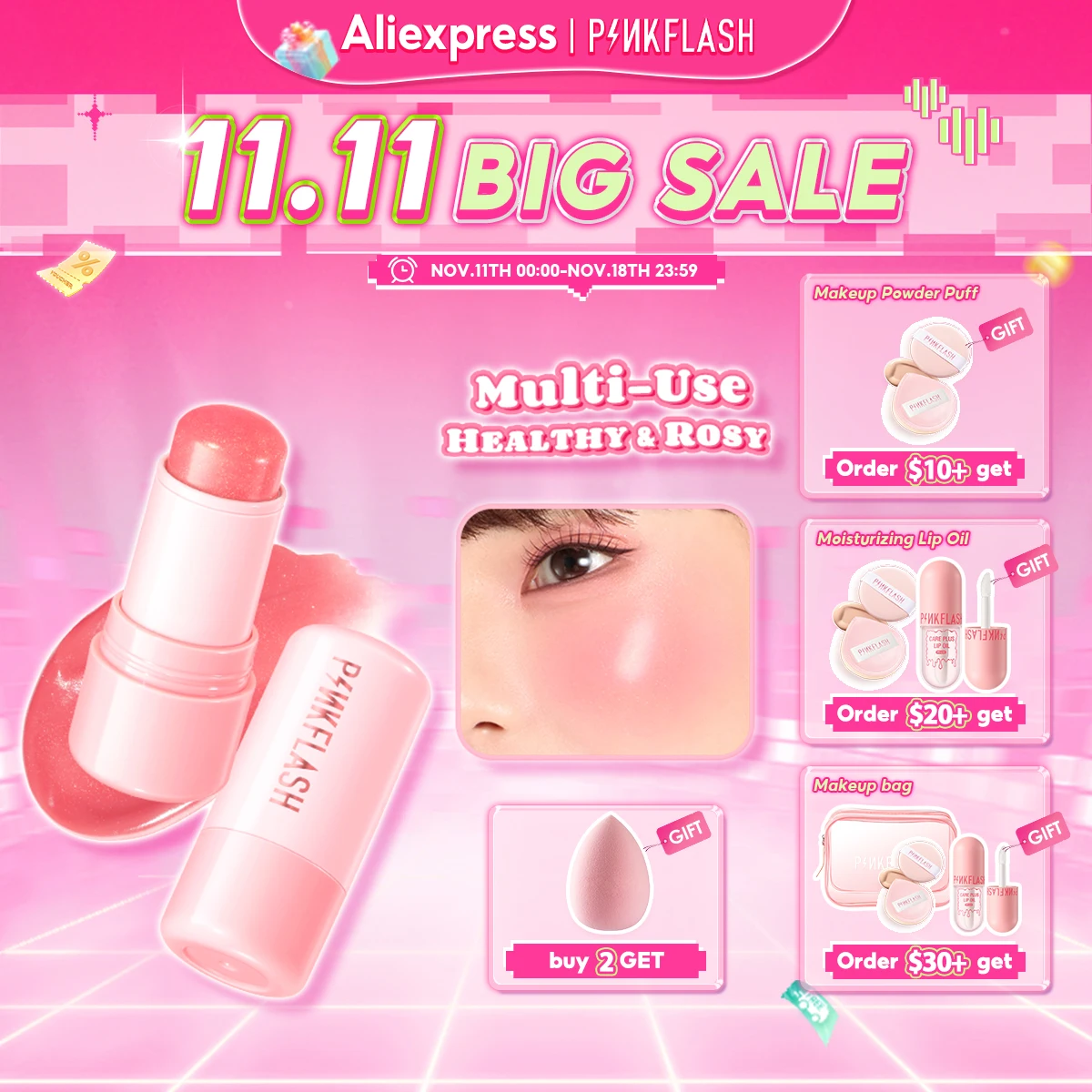 PINKFLASH Multi-Use Watery Blush Stick Blendeable High Pigment Long-lasting Moisturizing Face Blusher Contour Makeup Cosmetics