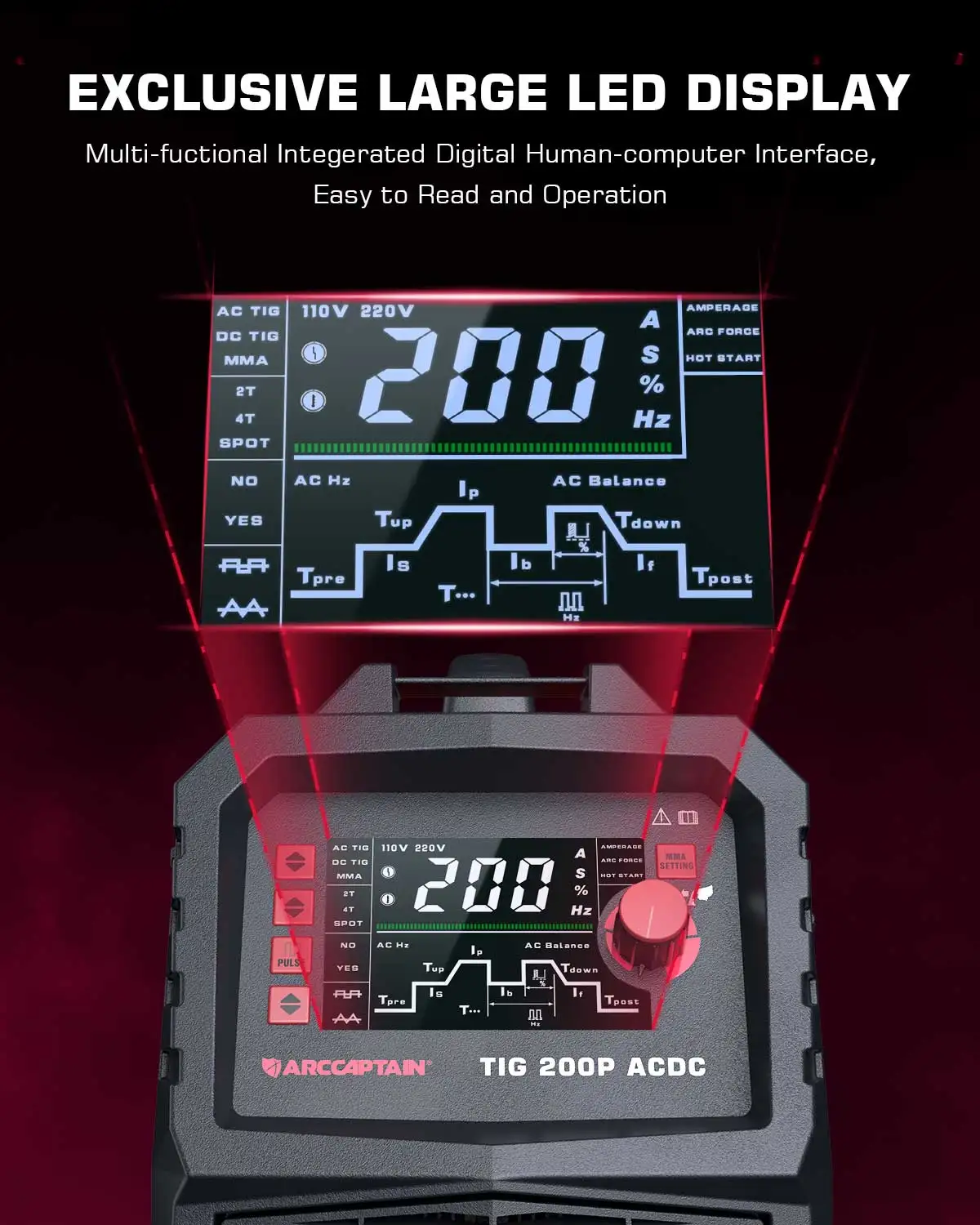 ARCCAPTAIN TIG AC DC Welder 7 in 1 Dual 110V 220V 20-200A HF TIG Square Triangulaer MMA Stick IGBT Inverter Welding Machine 3