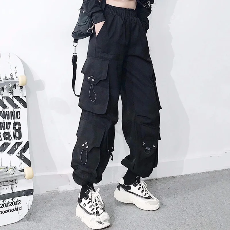 Big Pockets Cargo Harem Pants Summer Elastic Waist Black Fashion Hip Hop Side Punk Streetwear Casual Loose Women Trousers chino pants