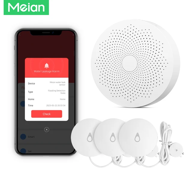 Meian 3 Pack Water Leak Detector Kit, 100dB Zigbee Hub, Wireless Water Leak Sensor, Flood Detection Alarm for Laundry, Bathroom 1