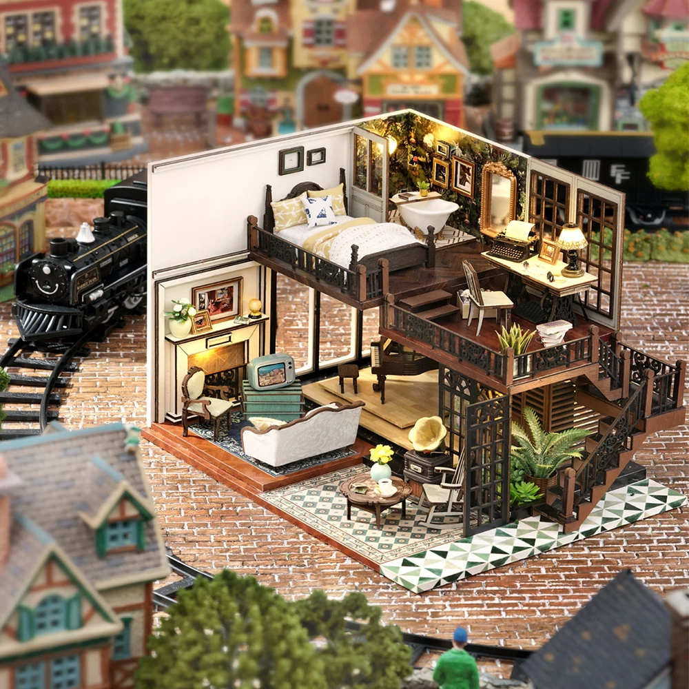 

CUTEBEE Dollhouse DIY Miniature House Kit with Furniture and Lights Retro Loft Building Model For Children Adult Birthday Gift