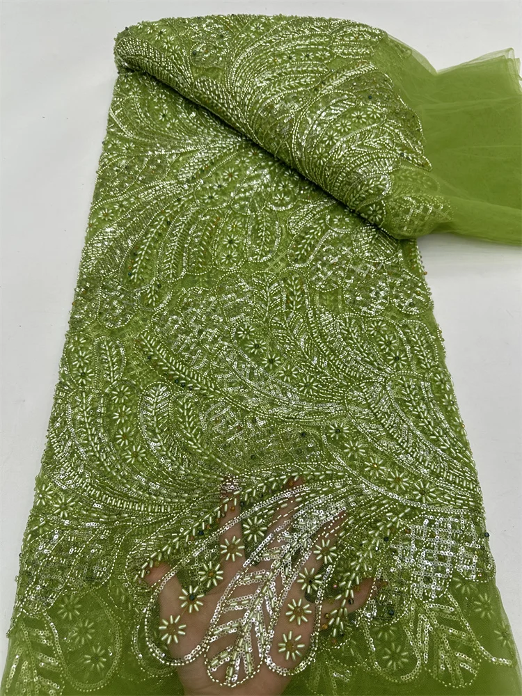 

African Handmade Heavy Sequins Tulle Lace Fabric 2024 High Quality French Luxury Beaded Lace Fabric For Wedding Dress Sew
