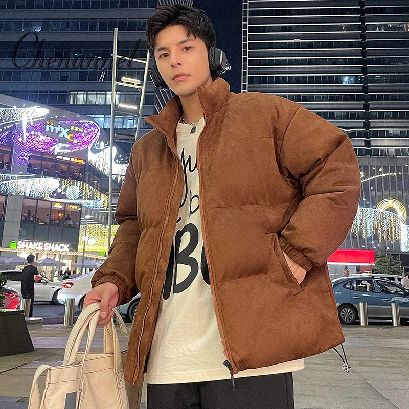 سترة شتوية فضفاضة للرجال بمقاسات كبيرة وبسيطة وياقة واقفة مبطنة بالقطن دافئة وسميكة وعصرية ومتعددة الاستخدامات