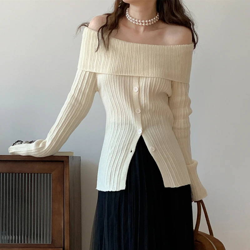 

Korean Off Shoulder Sweater Women Spring Autumn Long Sleeve Button Pullover Knitted Sweaters Jumper Pull Femme
