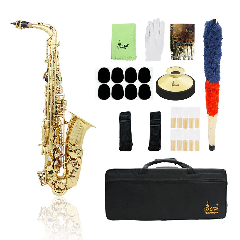 

Professional Eb Alto Saxophone Brass Lacquered Gold E Flat Sax Woodwind Instrument with Cleaning Brush Case Strap Gloves Parts