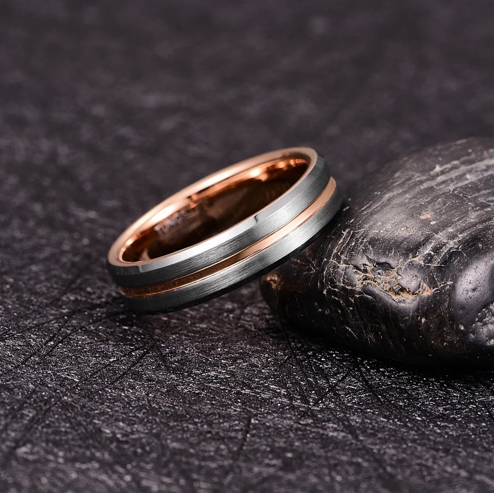 NUNCAD Brown & Rose Gold Tungsten Carbide Ring - Center Groove, Beveled Edges, Comfort Fit Wedding Band
