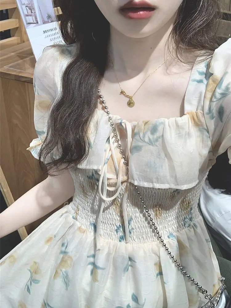 

French Vintage Elegant Puff Sleeve Floral Midi Dress Women's Summer Waist Pure Sweet Fairy Dress Korea Party One Piece Dresses