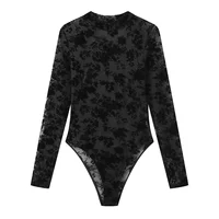 Sexy Women's Black Floral Flocking Sheer Mesh Mock Neck Long Sleeve Bodysuit - Image 6