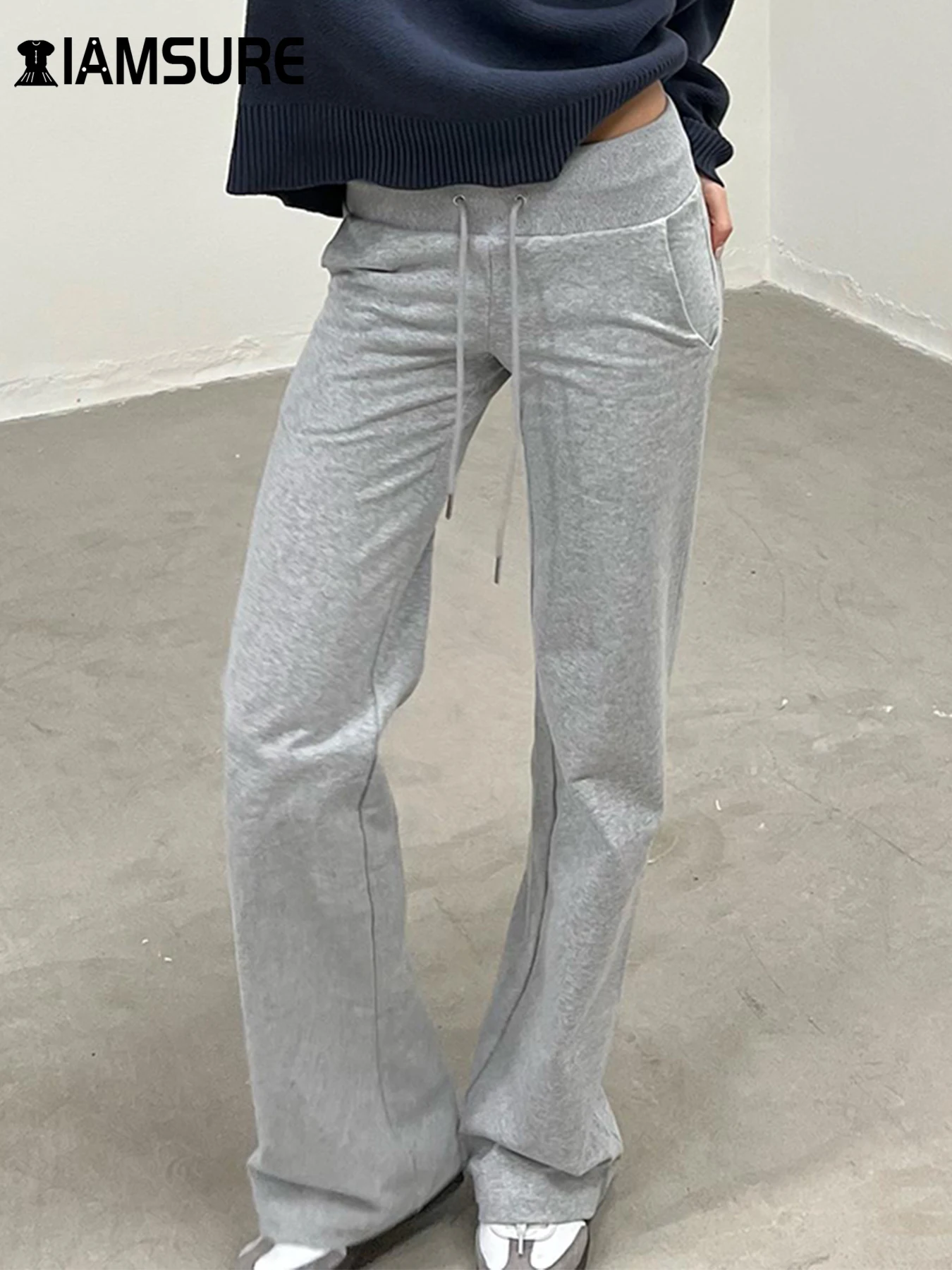 IAMSURE Casual Basic Solid Pockets Track Pants Loose Low-Waisted Wide Lge Pants Women 2024 Summer Fashion Streetwear Ladies