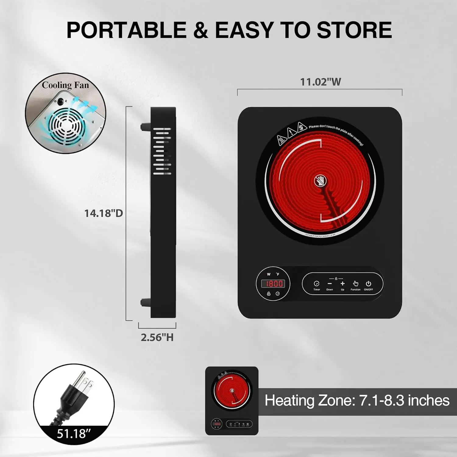Single Burner Electric Cooktop 1800W-110V Electric Stove Top Burner Portable Stove with LED Touch Control 10 Power Level
